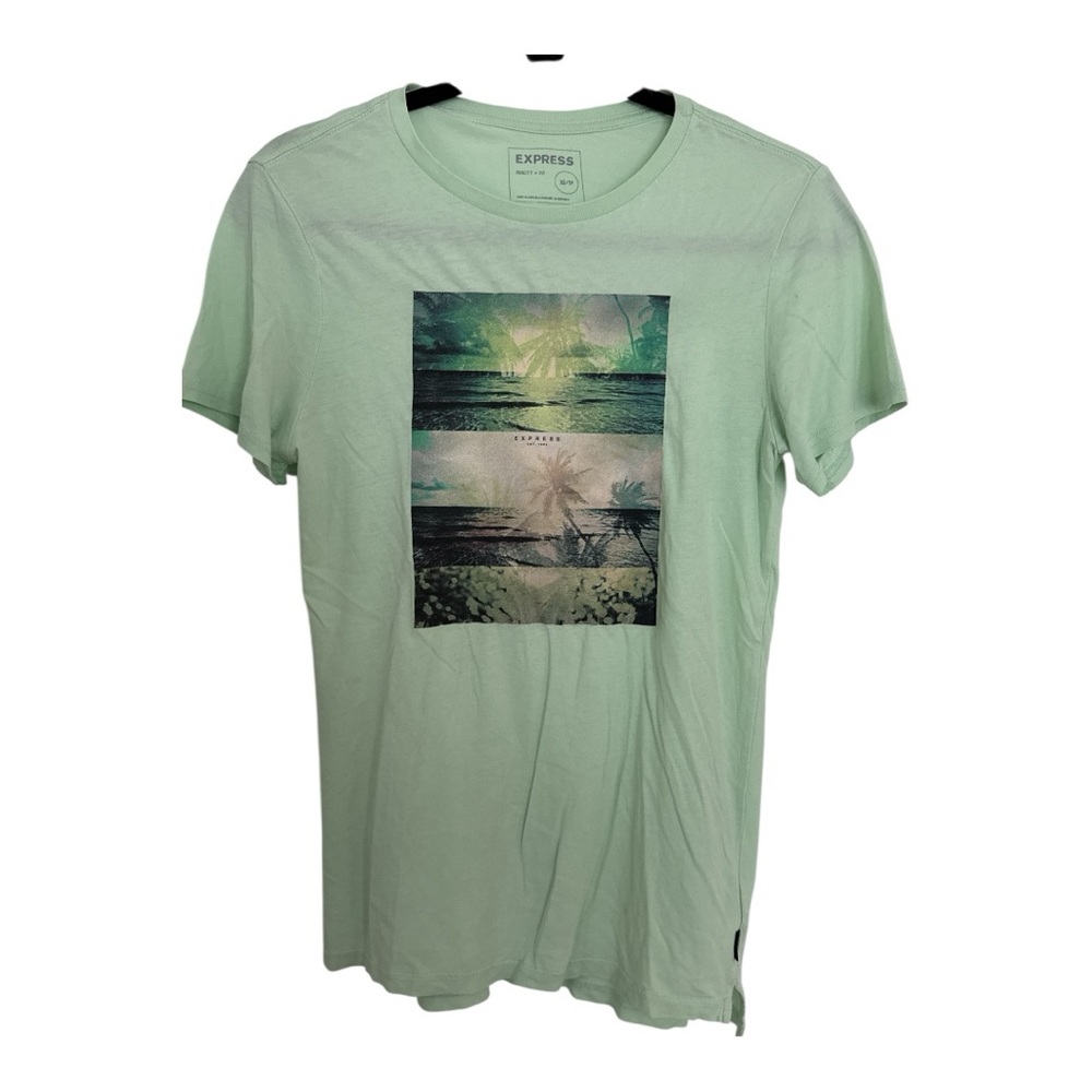 Express Green Short Sleeve Tee with Beach Graphic